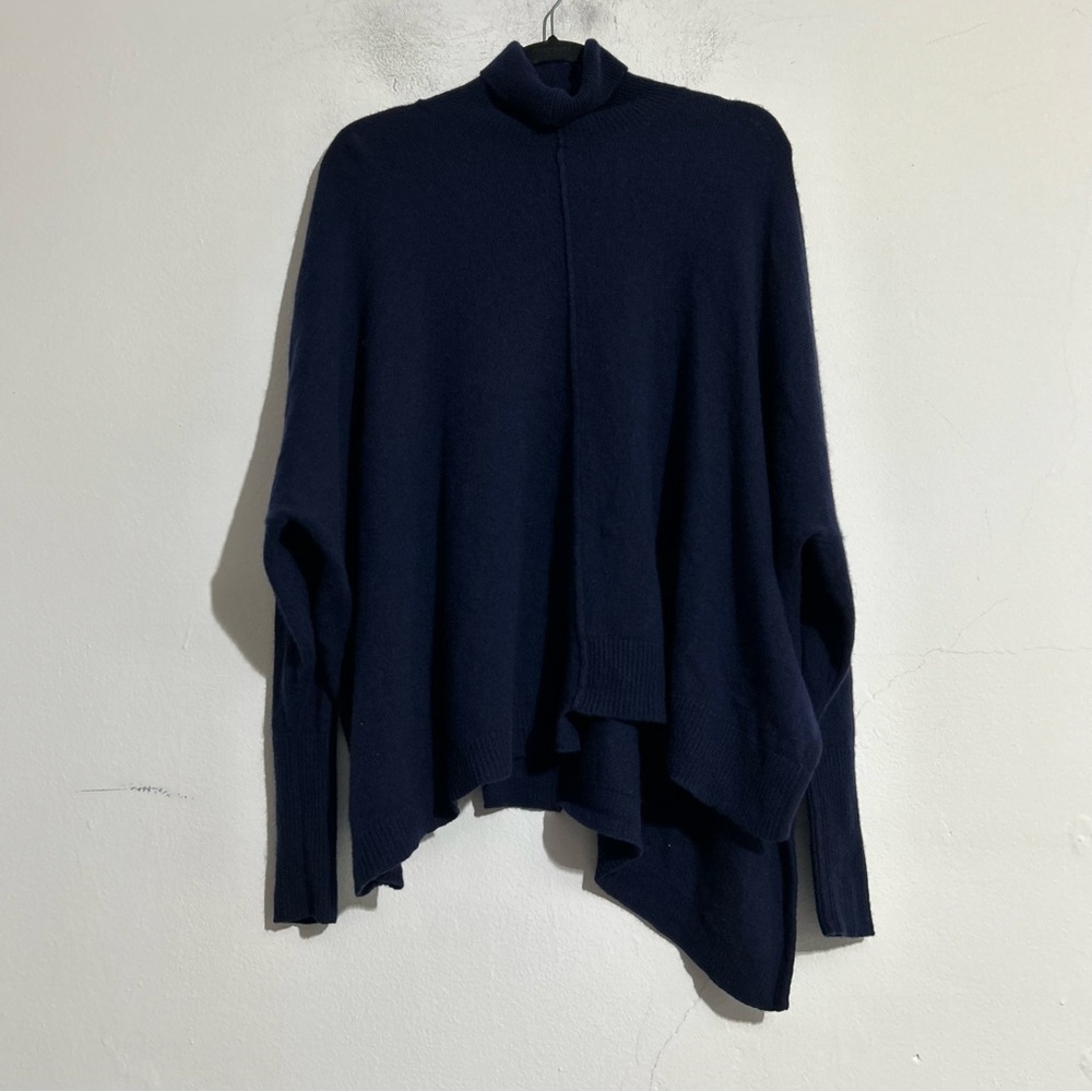 Aqua Cashmere Turtleneck Asymmetrical Sweater Navy M/L Minimal Timeless Classic